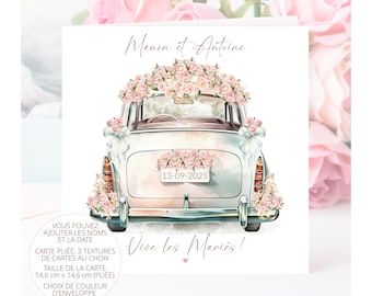 Carte de mariage, carte de mariage personnalisée, carte vive les mariés, carte de voiture de mariage,  cadeau de mariage, mariage rose