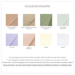 Choix de la couleur de l'enveloppe.
Kraft marron, kraft rustique, kraft vert olive, vert pastel, lilas vif, blush, ivoire, blanc. Les enveloppes sont recyclées, les enveloppes kraft contiennent des fibres naturelles.