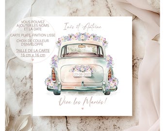 Carte de mariage, carte de mariage personnalisée, carte de voiture de mariage, carte vive les mariés, cadeau de mariage, mariage lilas