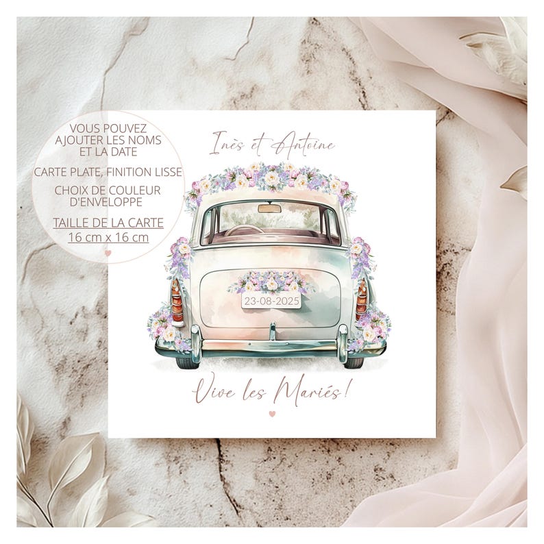 Carte de mariage, carte de mariage personnalisée, carte de voiture de mariage.
Image imprimée d'une voiture de mariage avec de délicates pivoines lilas et des roses. Carte de mariage personnalisée. Ajoutez les prénoms des mariés et la date.