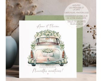 Carte de mariage, carte de mariage personnalisée, carte de voiture de mariage, carte nouvelles aventures, cadeau de mariage, mariage vert