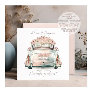 Carte de mariage, carte de mariage personnalisée, carte de voiture de mariage, carte nouvelles aventures, cadeau de mariage, mariage rose