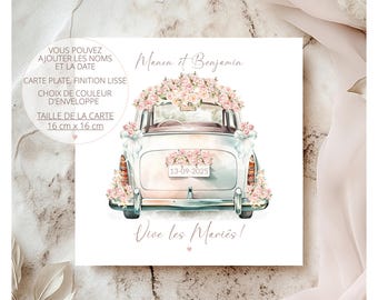Carte de mariage, carte de mariage personnalisée, carte de voiture de mariage, carte vive les mariés, cadeau de mariage, mariage rose