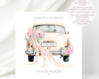 Carte de mariage fleurie rose, personnalisable avec les prénoms et la date, carte mariés, carte porte billet mariage