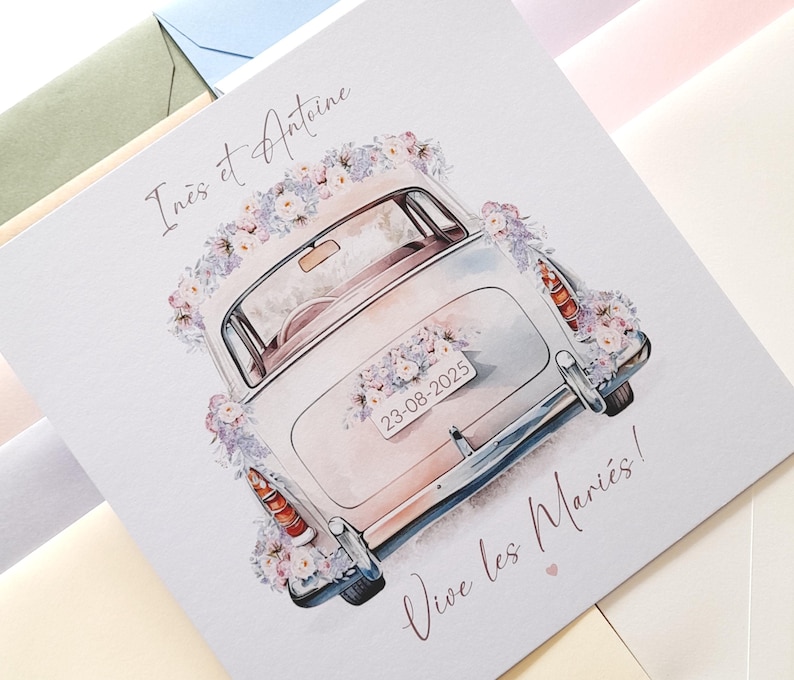 Carte de mariage, carte de mariage personnalisée, carte de voiture de mariage, carte vive les mariés, cadeau de mariage, mariage lilas image 7