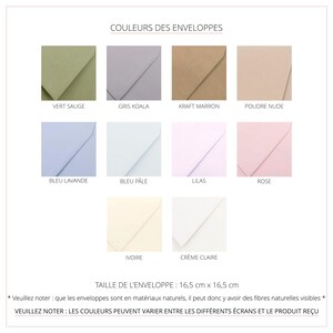 Choisissez une couleur d'enveloppe, vert sauge, gris koala, kraft marron, poudre nude, bleu lavande, bleu pâle, lilas, rose, ivoire ou crème clair