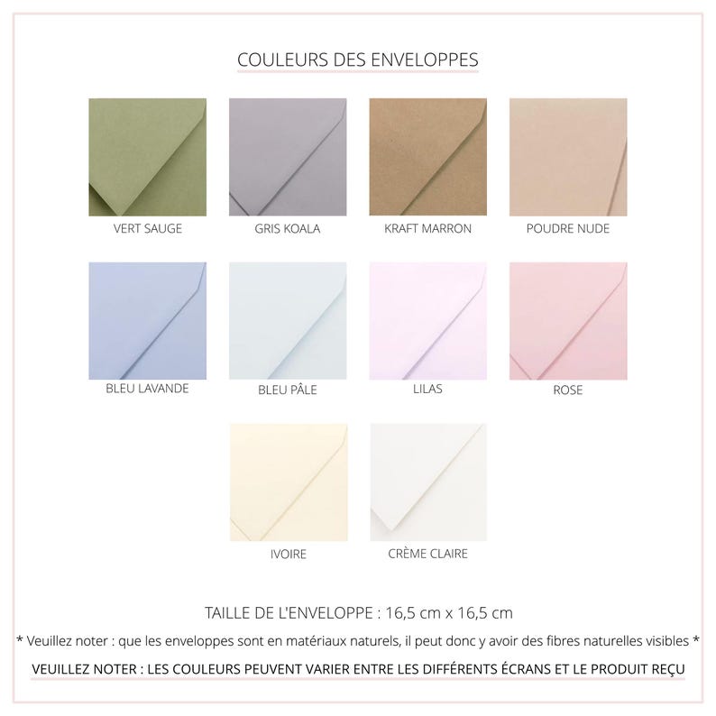 Choisissez une couleur d'enveloppe, vert sauge, gris koala, kraft marron, poudre nude, bleu lavande, bleu pâle, lilas, rose, ivoire ou crème clair
