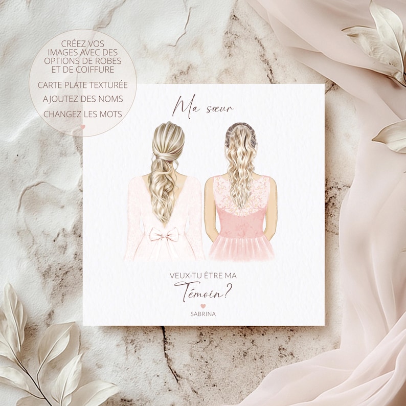 Carte demande témoin, carte demande demoiselle d'honneur, ou si vous préférez, changez les mots.  Créez votre carte à partir des options de l'image, choisissez la couleur de peau, les cheveux et la robe. 
Ajoutez un nom en haut de la carte, ajoutez votre prénom à la base de la carte.