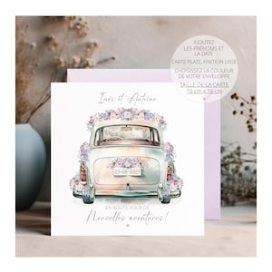 Carte de mariage, carte de mariage personnalisée, carte de voiture de mariage, carte nouvelles aventures, cadeau de mariage, mariage lilas
