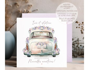 Carte de mariage, carte de mariage personnalisée, carte de voiture de mariage, carte nouvelles aventures, cadeau de mariage, mariage lilas