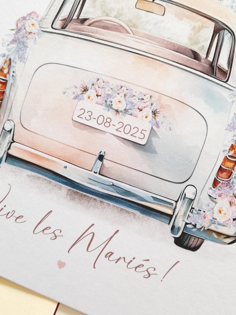Carte de mariage, carte de mariage personnalisée, carte de voiture de mariage, carte vive les mariés, cadeau de mariage, mariage lilas image 9