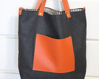 Handbag, tote bag, leather and fabric handbag, tote bag, leather tote bag for women, leather bag, tote bag, shopper bag