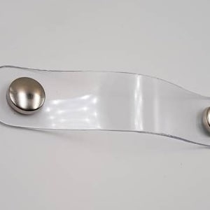 May include: A clear, curved plastic strap with two silver-colored, rounded metal rivets. The strap is slightly translucent and appears to be a handle or decorative element. The rivets are evenly spaced on either end of the strap.