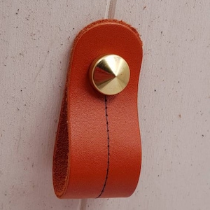 May include: A bright orange leather cabinet pull with a gold metal knob. The pull has a single stitch down the center.