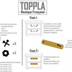 Puede incluir: Diagrama que muestra cómo instalar tiradores de cajones en un mueble. El diagrama muestra los materiales necesarios, incluidos dos tiradores de cajones, dos tornillos y dos tuercas. El diagrama también muestra los pasos involucrados en la instalación de los tiradores de cajones, incluida la medición de la distancia entre los agujeros para los tornillos, la perforación de los agujeros y la fijación de los tiradores de cajones al mueble.