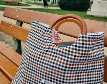 Tote bag. Checkered printed fabric bag.