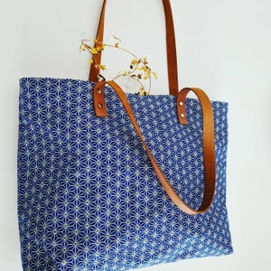 Bolso, lona de algodón, tote con asas de cuero, bolso tote