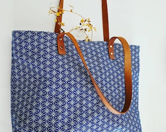 Cotton canvas handbag, dark blue color, tote with leather handles