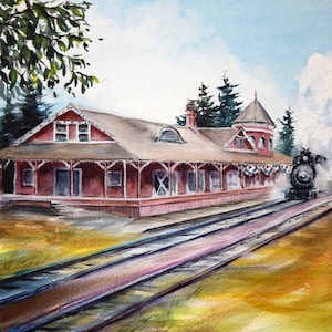 Watercolor Print Snoqualmie Railway Station, Snoqualmie Watercolor, Jacqueline Tribble, Plein Air, Railroad, Steam Engine, Painting, Print image 1