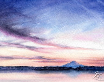 Watercolor Print - Mount Rainier at Sunset - Pacific Northwest Art, Lake Washington, Mt Rainier, Jacqueline Tribble, Northwest Watercolor