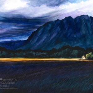 Watercolor Print - Tollgate Farmhouse, Mount Si, North Bend, Snoqualmie, Atmospheric, Pacific Northwest, PNW, NW Art, Jacqueline Tribble