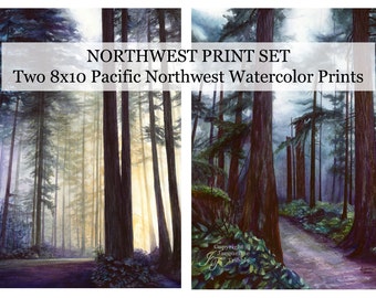 May include: A set of two 8x10 inch watercolor prints depicting a misty forest scene. The prints feature tall trees and a path leading into the woods.  NORTHWEST PRINT SET. Two 8x10 Pacific Northwest Watercolor Prints.