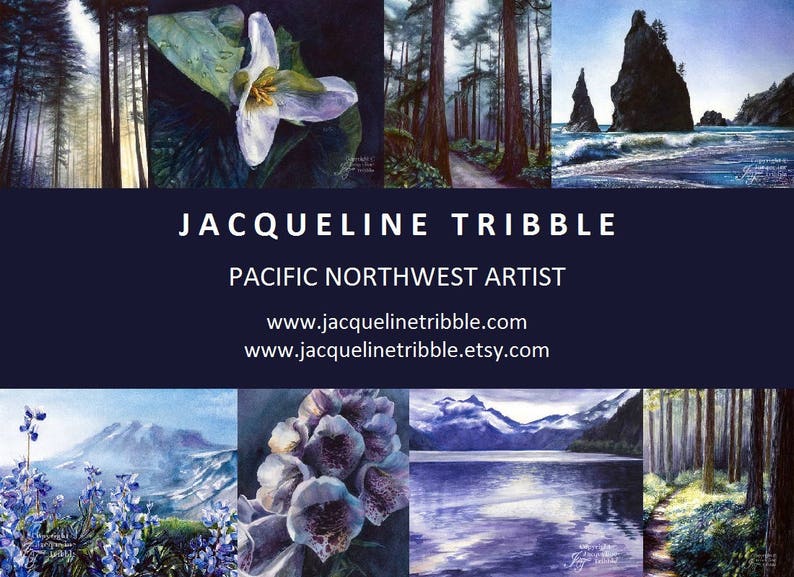 Op de afbeelding: Een collage van aquarel schilderijen met landschappen uit het Pacifische Noordwesten. De schilderijen tonen bossen, bergen en een rotsachtige kustlijn. De tekst "JACQUELINE TRIBLE, KUNSTENAAR VAN HET PACIFISCHE NOORDWESTEN" wordt in het midden van de collage weergegeven. De website en Etsy-winkel van de kunstenaar staan onder de tekst.
