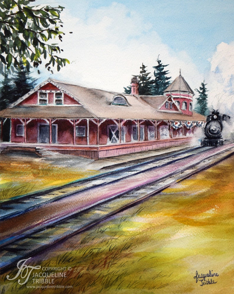 Watercolor Print Snoqualmie Railway Station, Snoqualmie Watercolor, Jacqueline Tribble, Plein Air, Railroad, Steam Engine, Painting, Print image 1