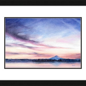 May include: Watercolor painting of a mountain range in the distance with a lake in the foreground. The sky is a vibrant mix of pink, purple, and blue with wispy clouds.
