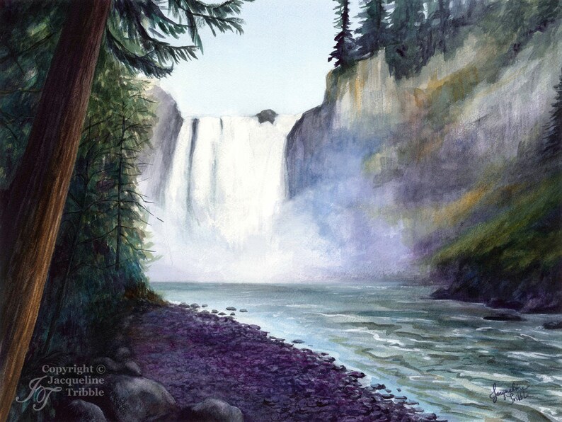 Northwest Watercolor Print Snoqualmie Falls, Snoqualmie, Snoqualmie River, SnoValley, North Bend, PNW, Waterfall painting, Northwest art image 1