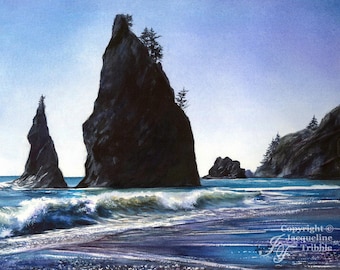 Print - Rialto Beach Watercolor Seascape painting - Olympic Peninsula, WA Beach, Washington coast, Pacific Coast, Tribble, PNW Watercolor