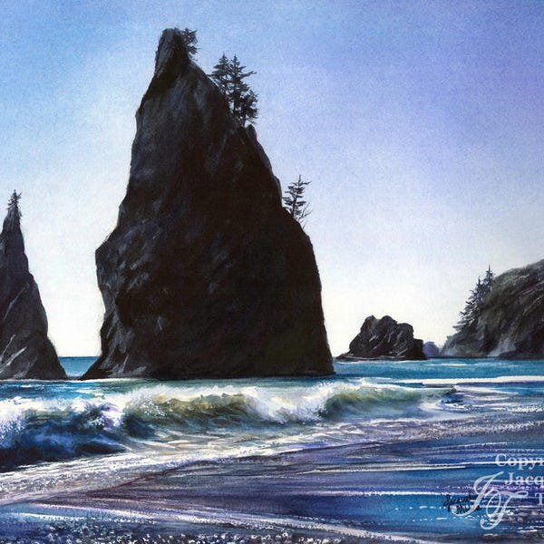 Print - Rialto Beach Watercolor Seascape painting - Olympic Peninsula, WA Beach, Washington coast, Pacific Coast, Tribble, PNW Watercolor