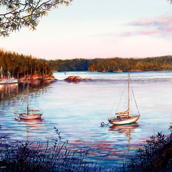 Watercolor Print - San Juan Islands - Orcas Island, Jacqueline Tribble, Pacific Northwest, PNW, Northwest Landscape, Harbor, Sailboats