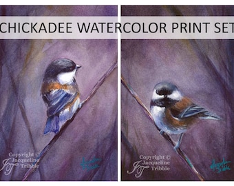 Chickadee Aquarelle Print Set - Chickadee à dos de châtaignier, aquarelle d'oiseau, peinture de chickadee, peinture d'oiseau, Jacqueline Tribble, PNW