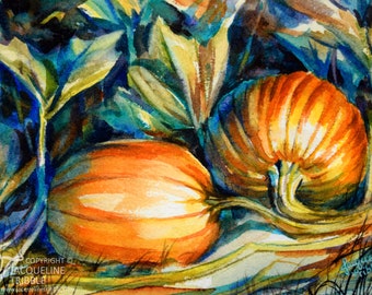 ORIGINAL Watercolor Painting - Pumpkin Patch, Autumn Art, Pumpkins, Mini Art, Seasonal Art, Jacqueline Tribble, Pumpkin Painting