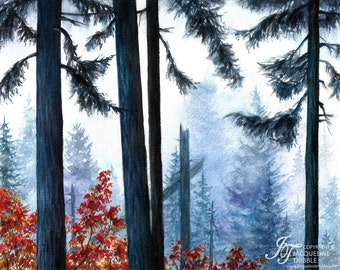 Watercolor Print - Pacific Northwest Forest, Autumn Foliage, Misty, PNW Art, Evergreen Forest, Jacqueline Tribble, Watercolor Painting