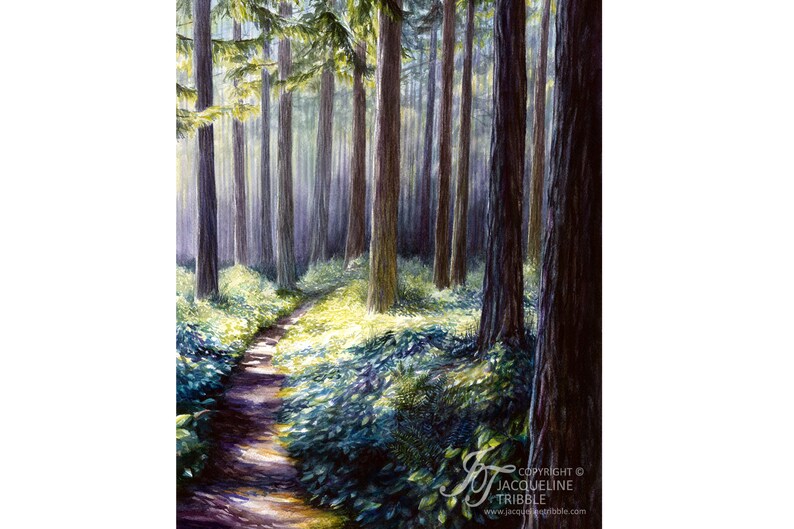 Op de afbeelding: Een schilderij van een bospaadje dat kronkelt door hoge bomen. Het zonlicht filtert door de bladeren en cre&euml;ert een gevlekt effect op de grond. Het pad is omzoomd met weelderig groen gebladerte.