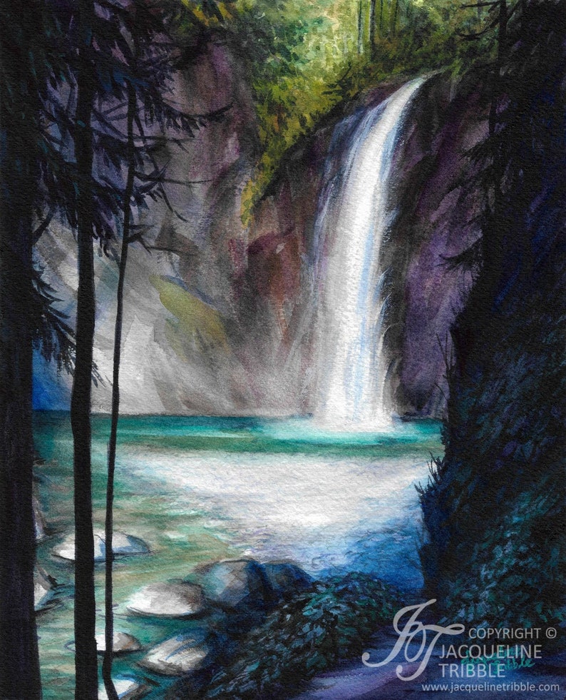 Watercolor Print Franklin Falls Snoqualmie, North Bend, Waterfall, Northwest, PNW, Northwest Art, Hiking, Jacqueline Tribble, PNW Art image 2