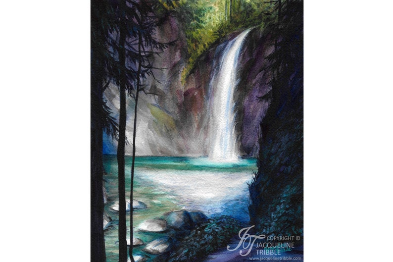 Watercolor Print Franklin Falls Snoqualmie, North Bend, Waterfall, Northwest, PNW, Northwest Art, Hiking, Jacqueline Tribble, PNW Art image 1