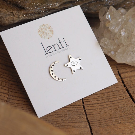 moon and star earrings, mismatched earrings, sterling silver stud earrings, evil eye protection, witchy earring studs