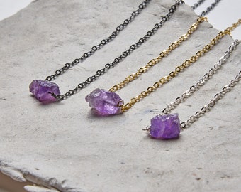 Raw Amethyst Necklace, Empath Protection, February Birthstone, Raw Stone Necklace For Women, Silver 925, vermeil gold or black rhodium chain
