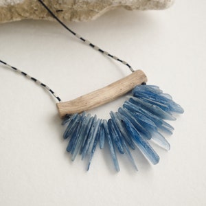 blue kyanite driftwood necklace organic jewelry natural wood and gemstone  ecological jewellery
