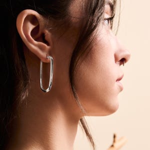 Long Oblong earrings sterling silver hoops, latch back hoops, minimalist everyday jewelry, edgy earrings, lightweight earrings