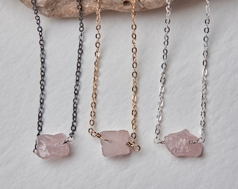 Raw Rose Quartz Pendant, Love Protection Talisman, Raw Stone Necklace For Women, Valentines Gift, Healing Crystal Necklace Silver 925 Chain