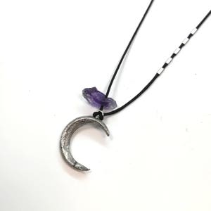 Moon Necklace, Celestial jewelry, Crescent Silver Moon, Dark silver 925, Rough Amethyst Pendant, Witchy necklace, Adjustable size image 5