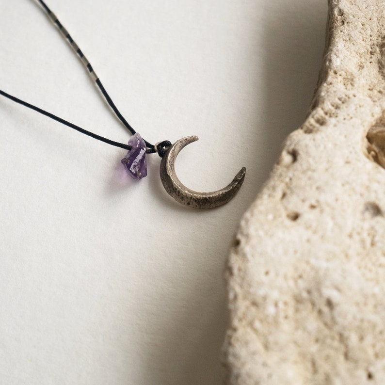 Moon Necklace, Celestial jewelry, Crescent Silver Moon, Dark silver 925, Rough Amethyst Pendant, Witchy necklace, Adjustable size image 3