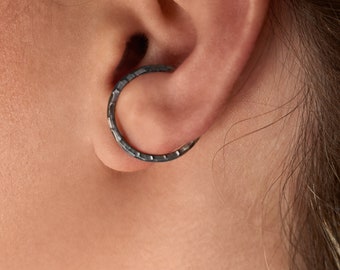 Black Climber earrings, Illusion Earrings, Suspender Earrings, Cuff Hoop earrings, Ear crawlers, Black rhodium plated hoops, Edgy Earrings