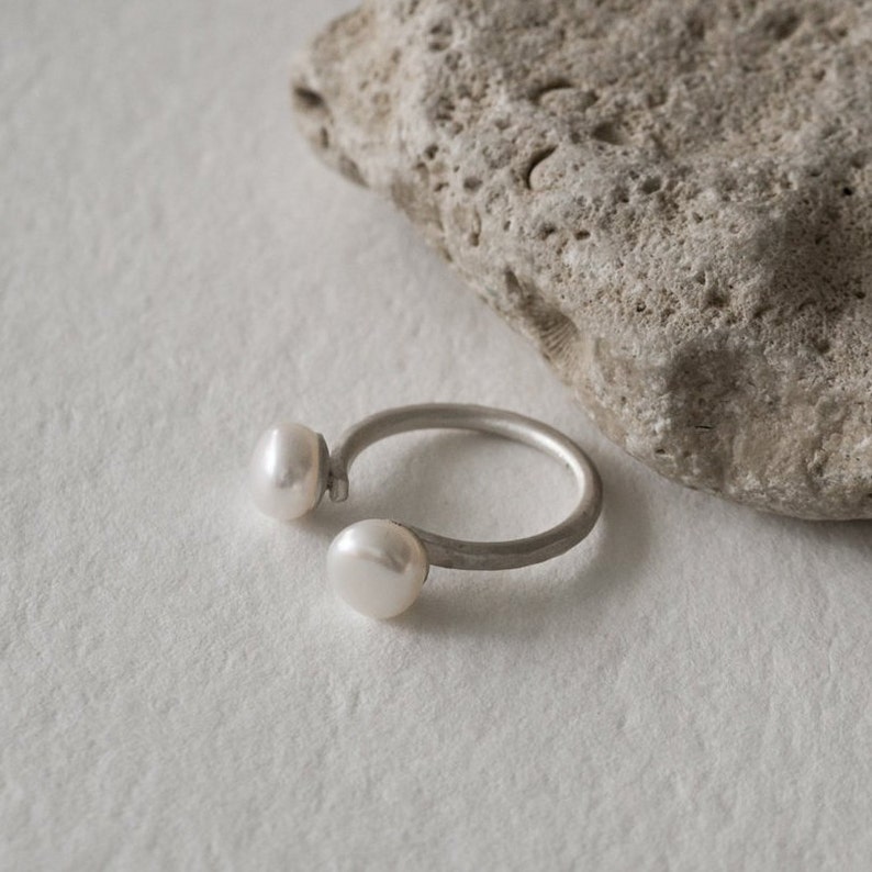 Pearl Ring medium, Freshwater Pearl Jewelry, Promise Ring, Sterling Silver Minimalist Ring, Double White Pearl Ring image 2