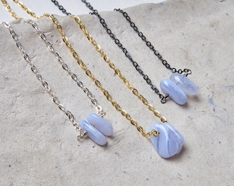 blue lace agate necklace, blue agate pendant, dainty crystal choker, raw gemstone necklace, throat chakra necklace, sea witch, calming stone