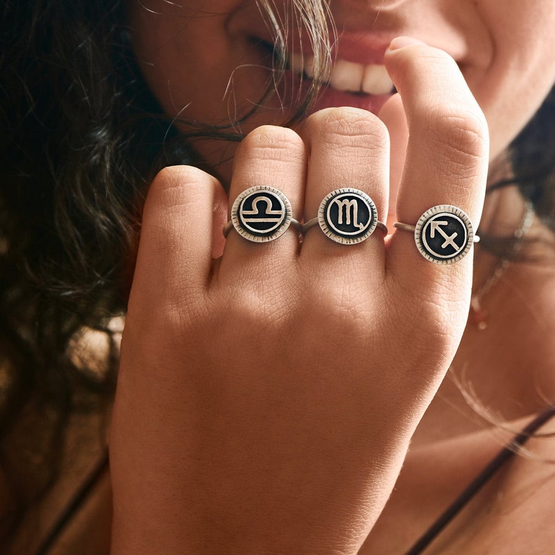 Libra sign ring. Sterling silver. Zodiac symbol. Libra horoscope. October birthday gifts image 1